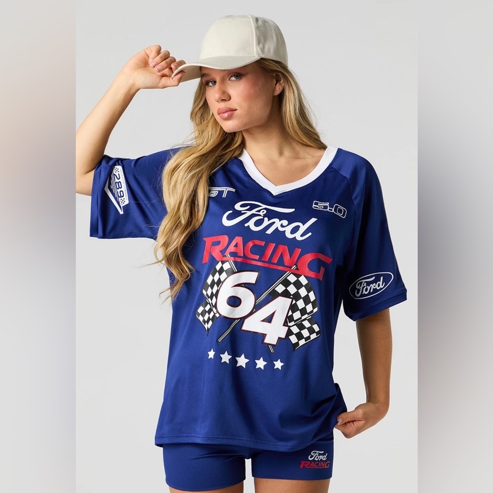 Ford Racing GT 5.0‎ Jersey Shirt Blue Graphic V-Neck Womens XL
